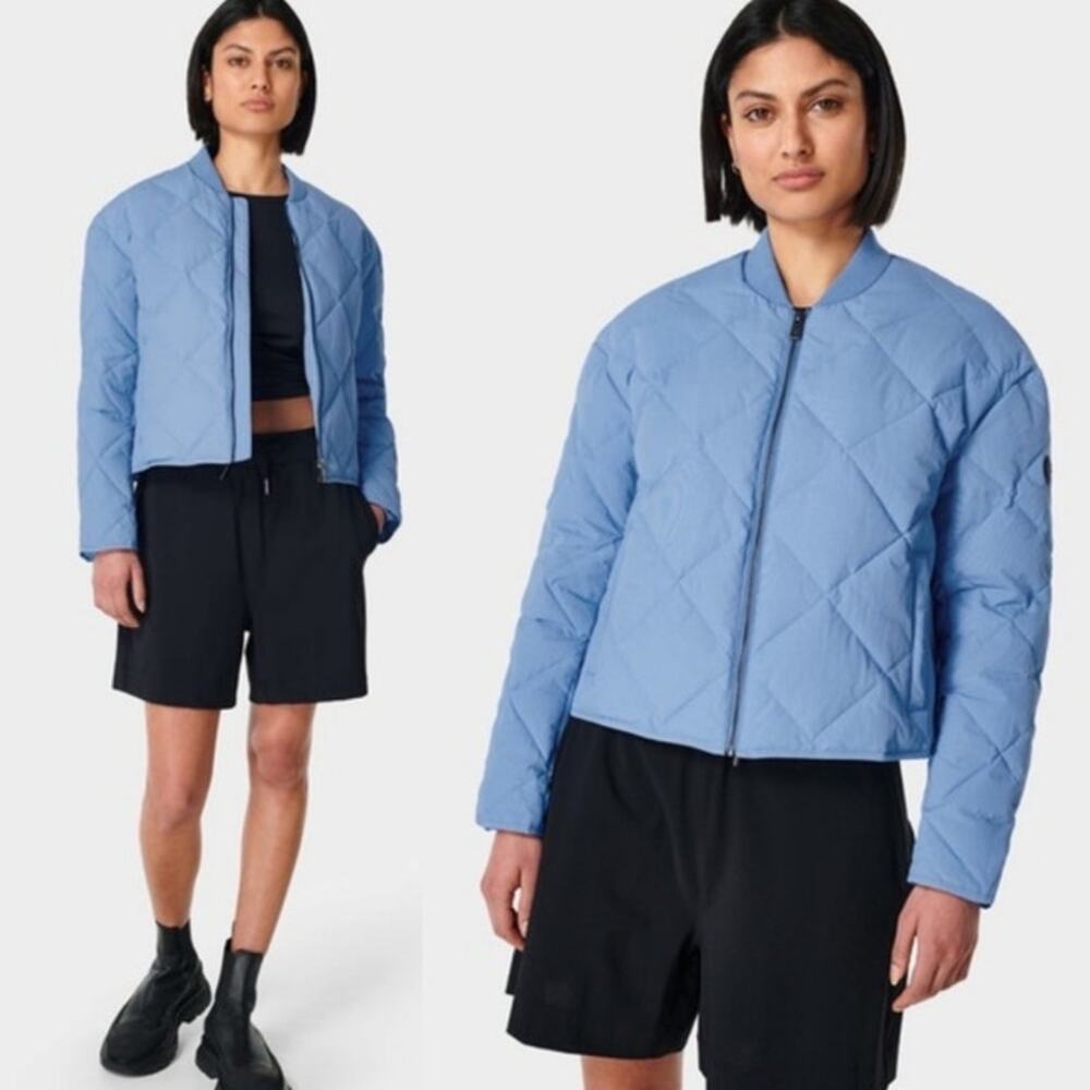 Sweaty Betty Harley quilted down filled crop puffer jacket blue winter bomber